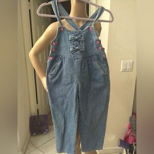 VINTAGE 90s LITTLE GIRLS Denim Overalls Bows PINK BUTTONS 6X COTTON RUFFLED